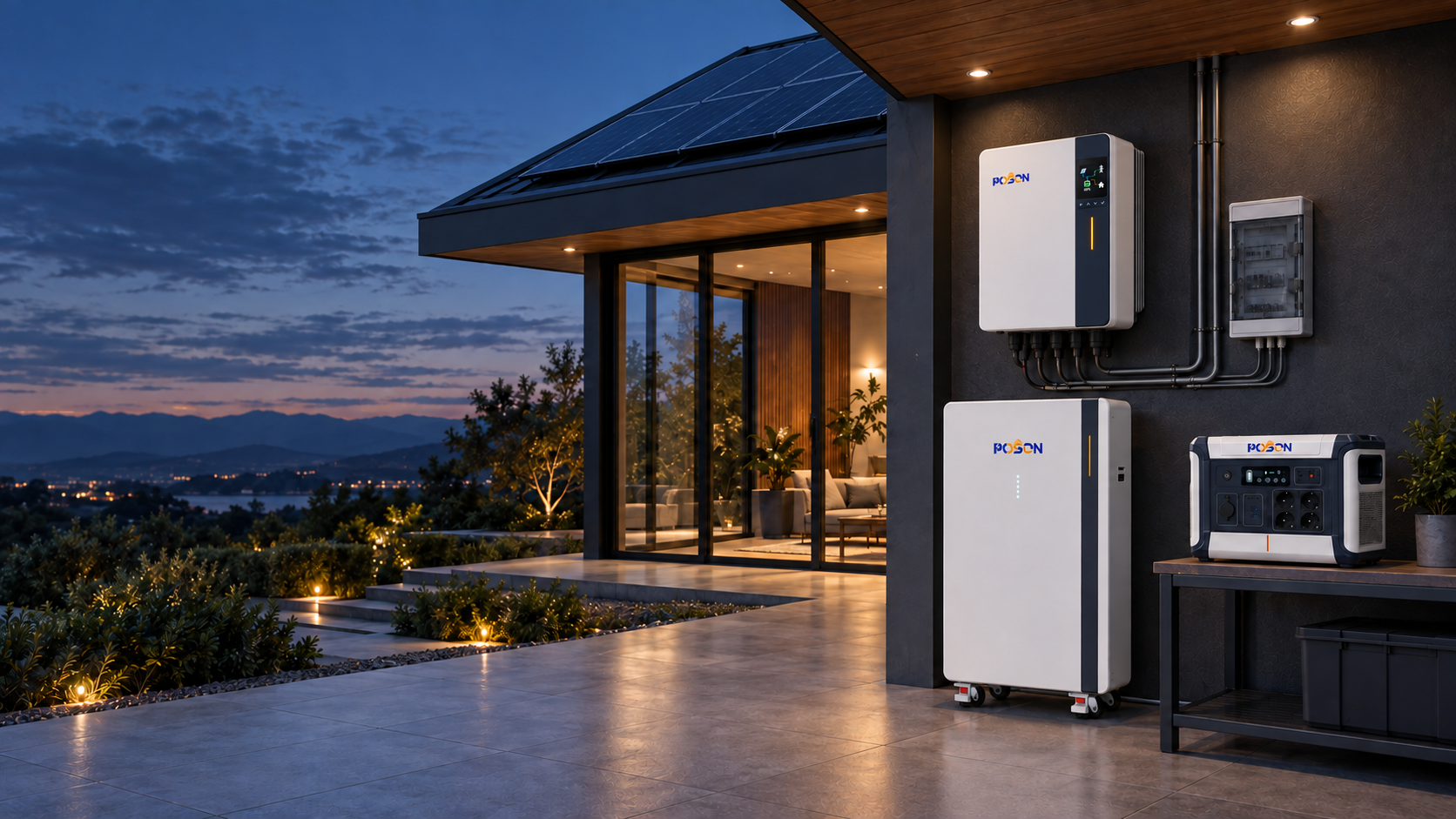 CGI residential energy scene with a POSON V2.1 inverter design concept, storage battery, rooftop solar and portable power