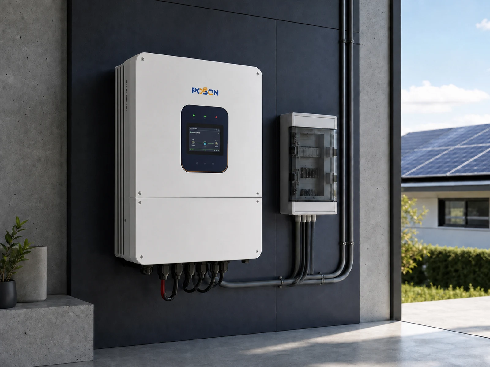 POSON 8 to 12 kilowatt single-phase hybrid inverter installed with protected distribution equipment